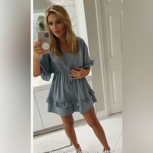 Ruffle Hem Drawstring Waist Blue Romper